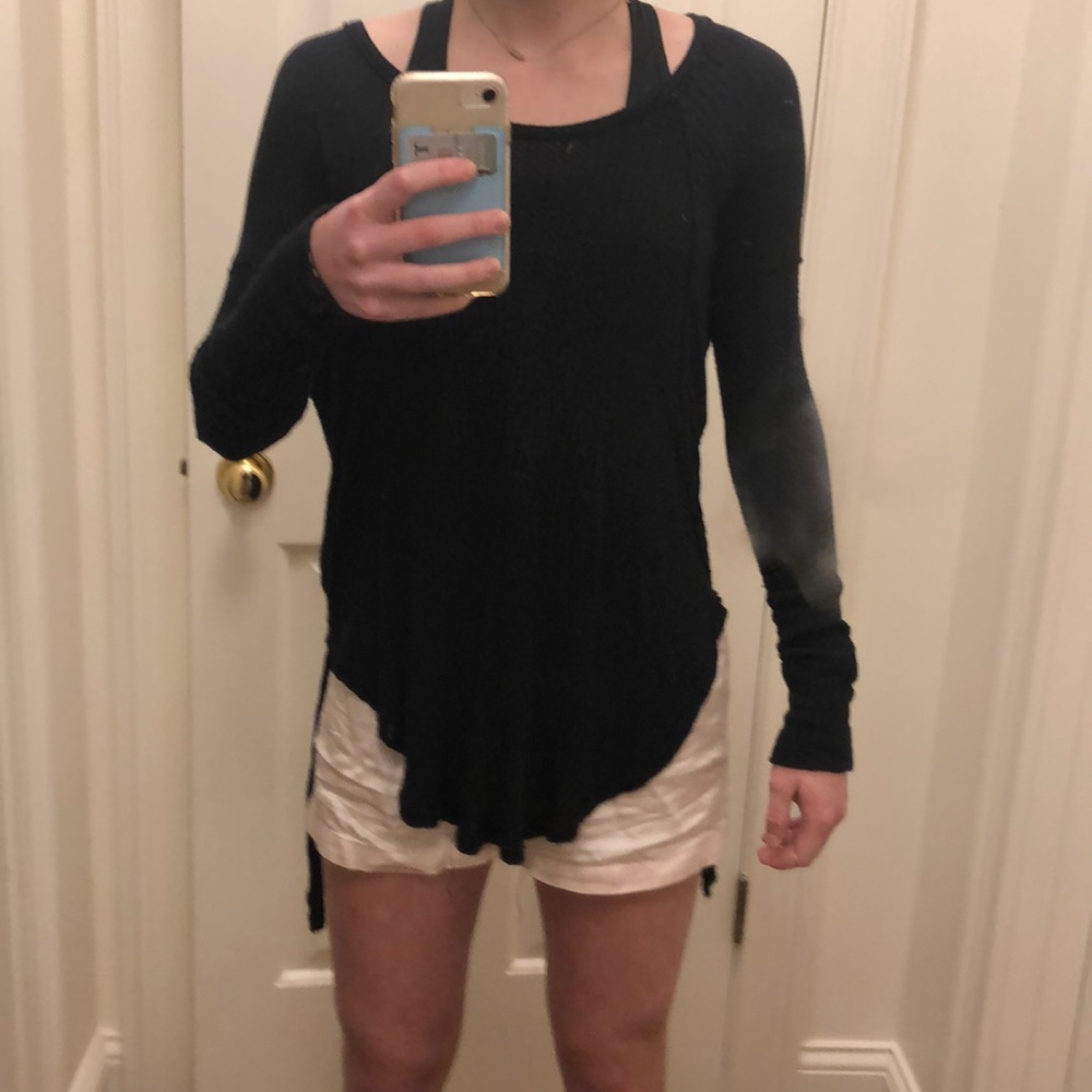 Free People Black Waffle Knit Long Sleeve Thermal